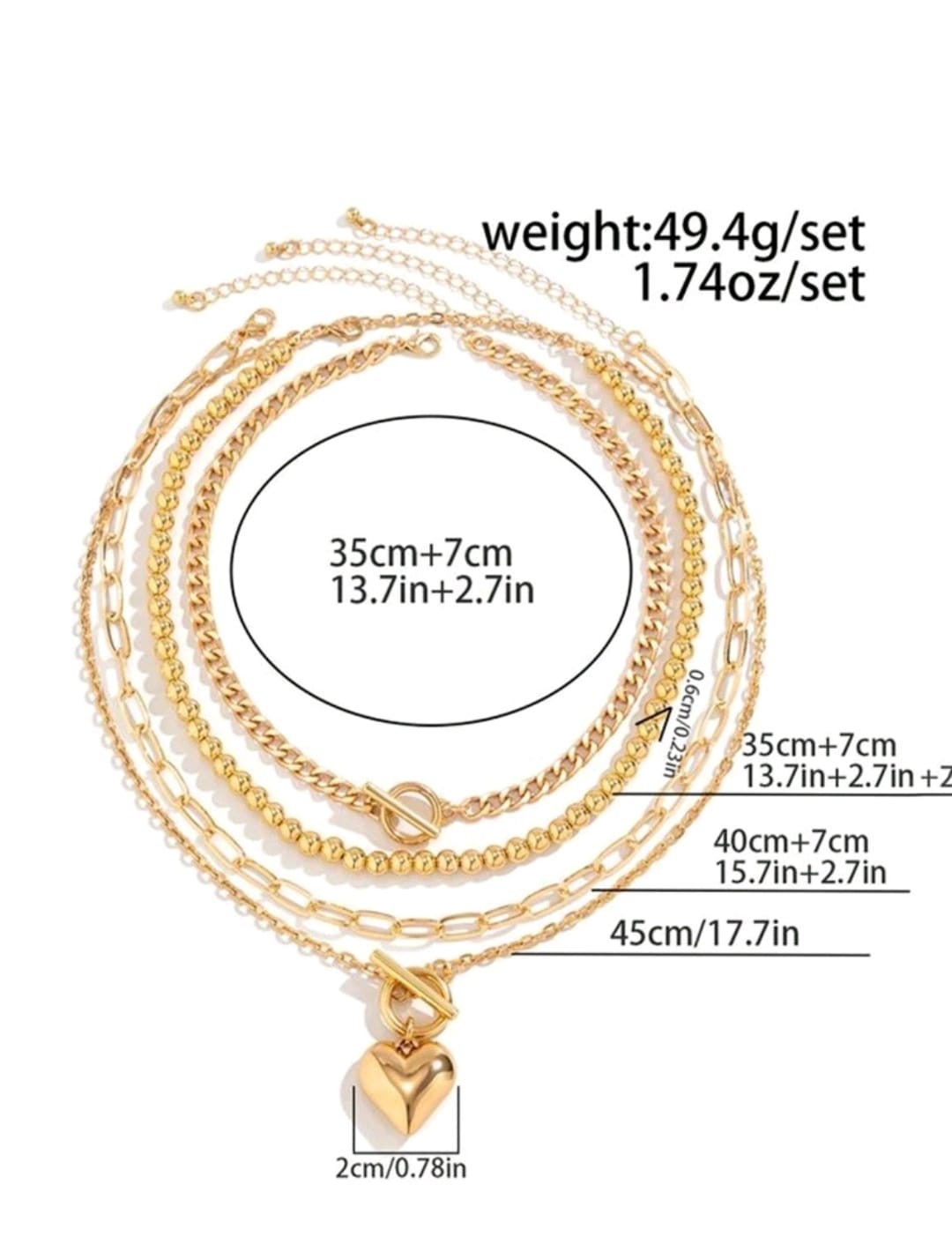 Set de 4 collares con colgante de corazón multicapa