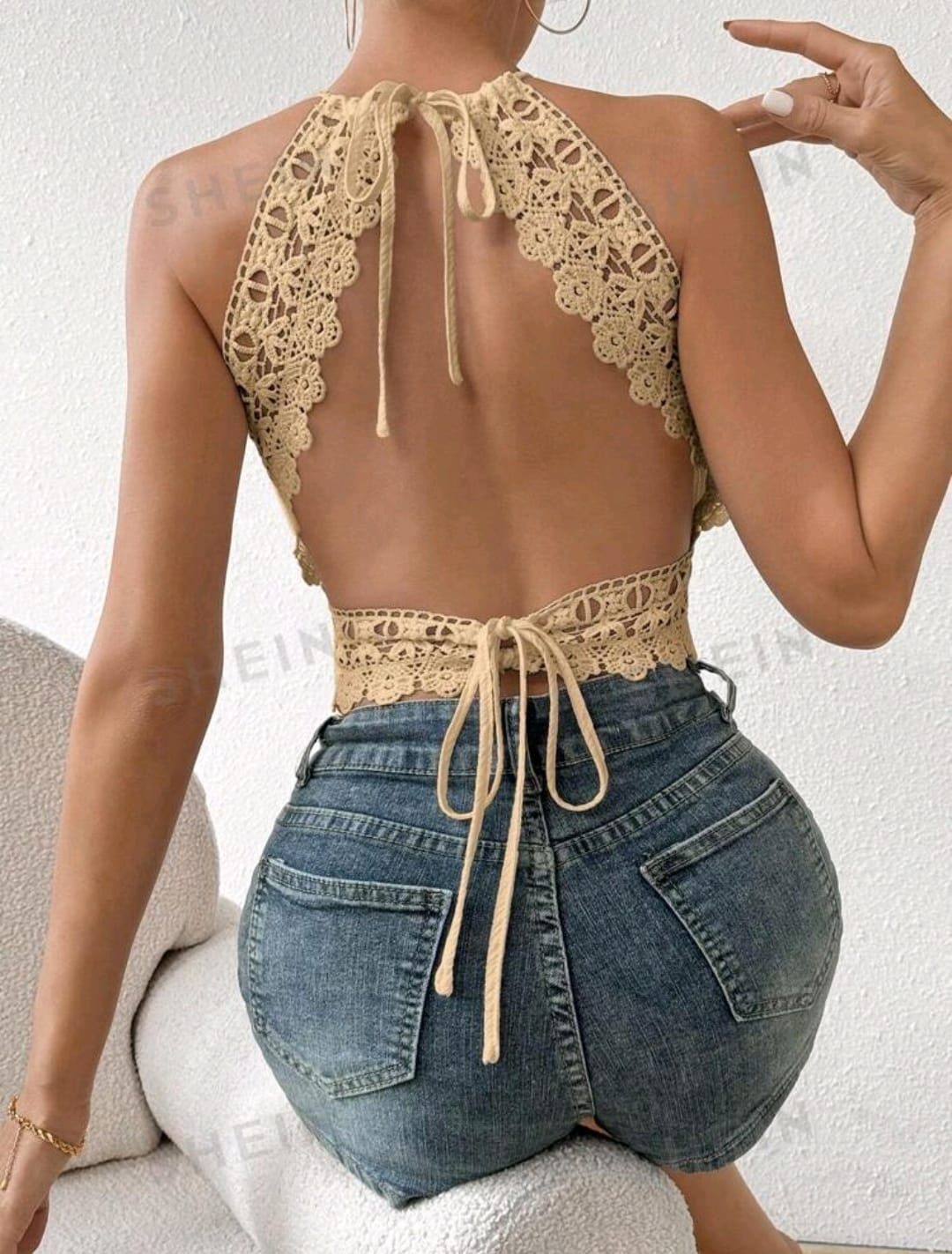 Firerie Top veraniego sin espalda con panel de encaje guipur