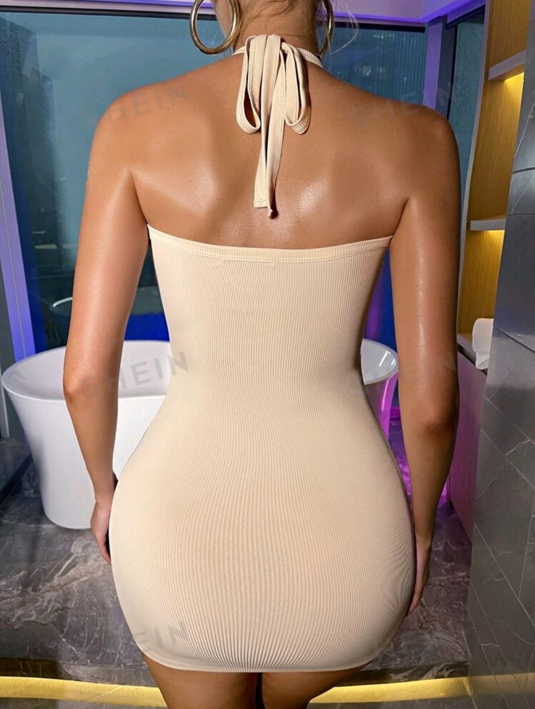 Aloruh Vestido ajustado de cuello halter de espalda abierta con cordón con abertura