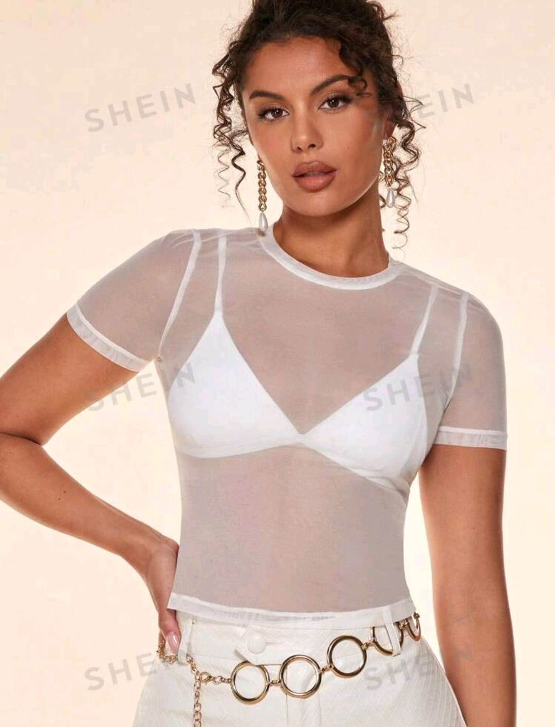 SHEIN BAE Top unicolor de malla transparente sin sujetador
