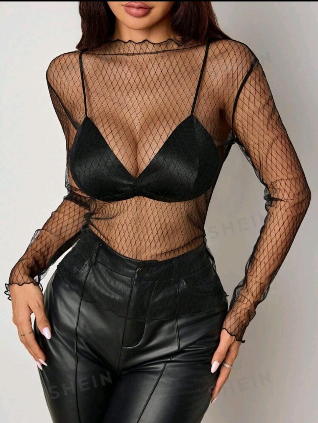 SHEIN Clasi Blusa de manga larga con cuello alto malla