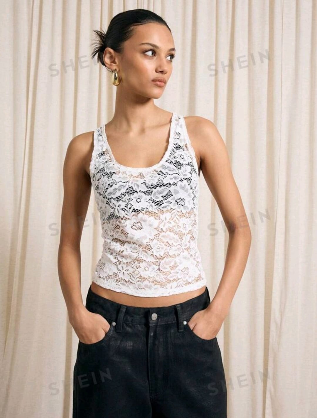 AiiRZ Camiseta de tirantes de escote de barco de encaje