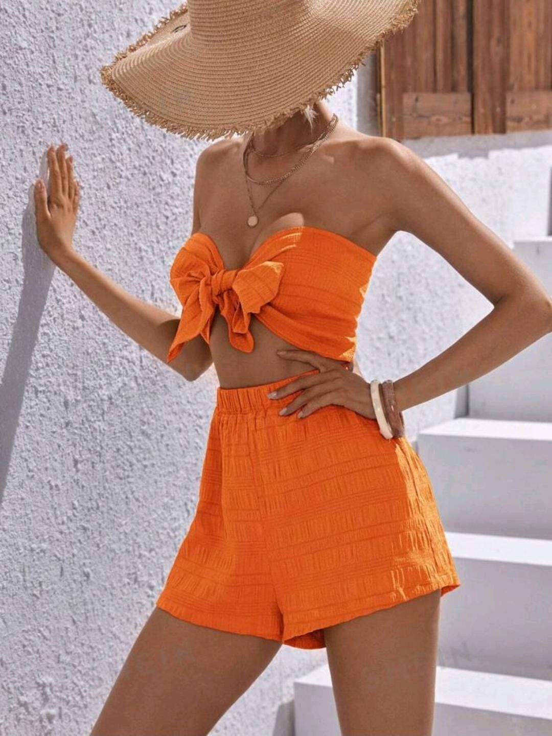 SHEIN VCAY Conjunto de top sin tirantes con nudo de lazo y falda corta para mujer, conjunto de verano