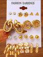 Set de 11 piezas de aretes de mujer con forma geométrica de metal