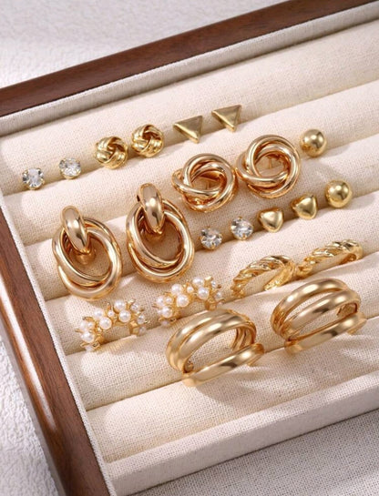 Set de 11 piezas de aretes de mujer con forma geométrica de metal