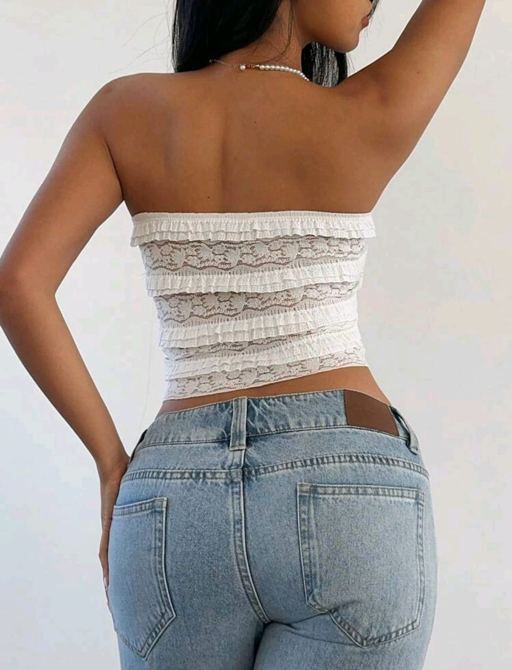 Aloruh Parte superior de camiseta ajustada con volantes, encaje y lazo