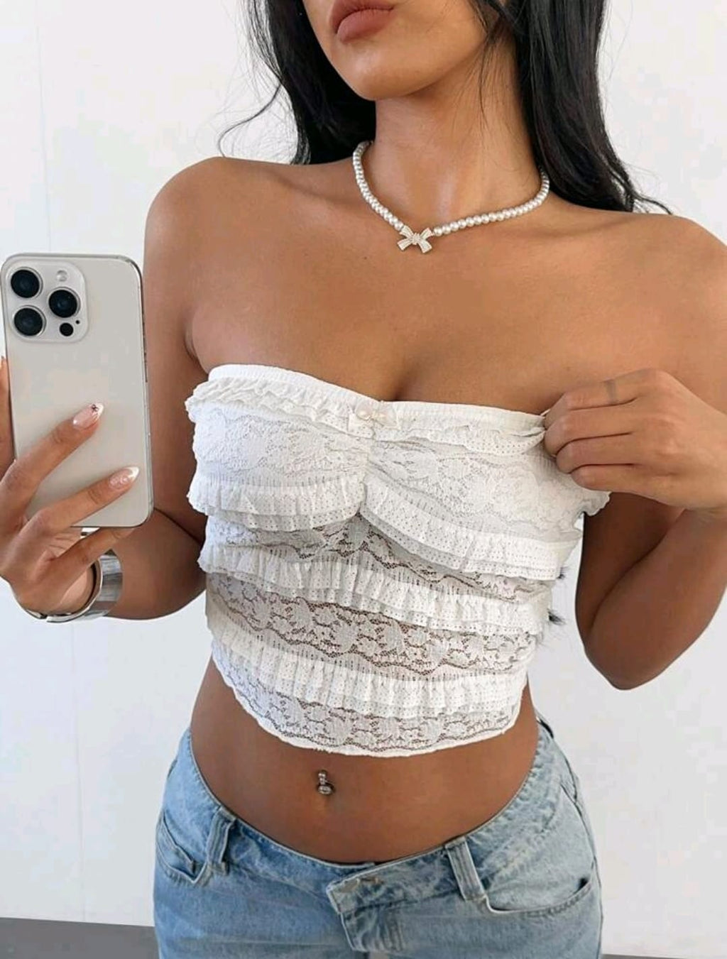 Aloruh Parte superior de camiseta ajustada con volantes, encaje y lazo