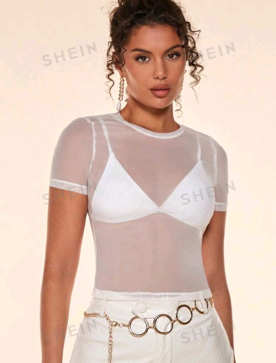 SHEIN BAE Top unicolor de malla transparente sin sujetador