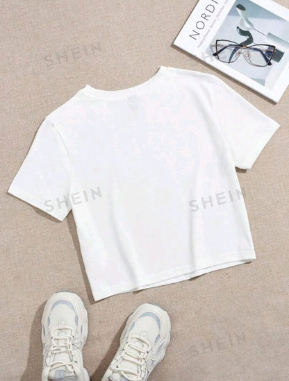 SHEIN EZwear Camiseta de manga corta, ajustada y corta con cuello redondo