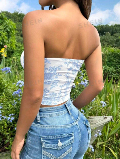 SHEIN EZwear Top corto de tirantes con espalda descubierta, fruncido