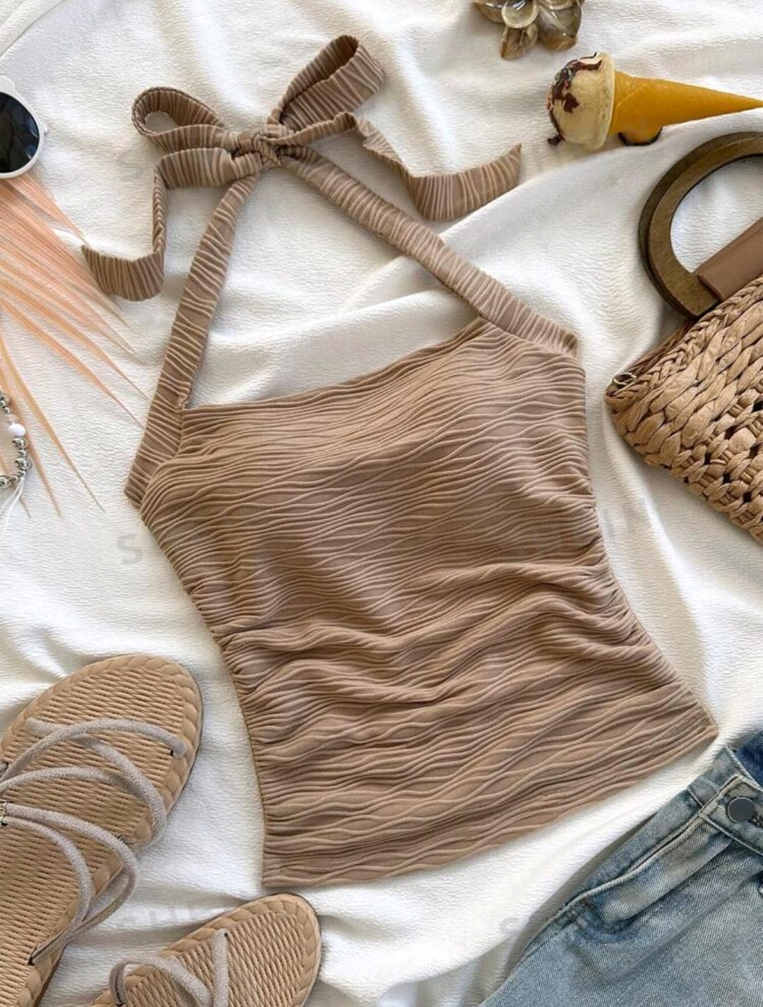 SHEIN WYWH Camiseta de punto ajustada con textura de escote halter