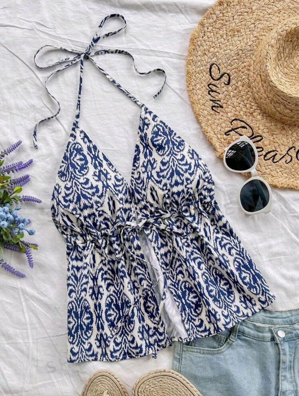 SHEIN WYWH Top sin mangas con cuello en V de línea A con estampado floral
