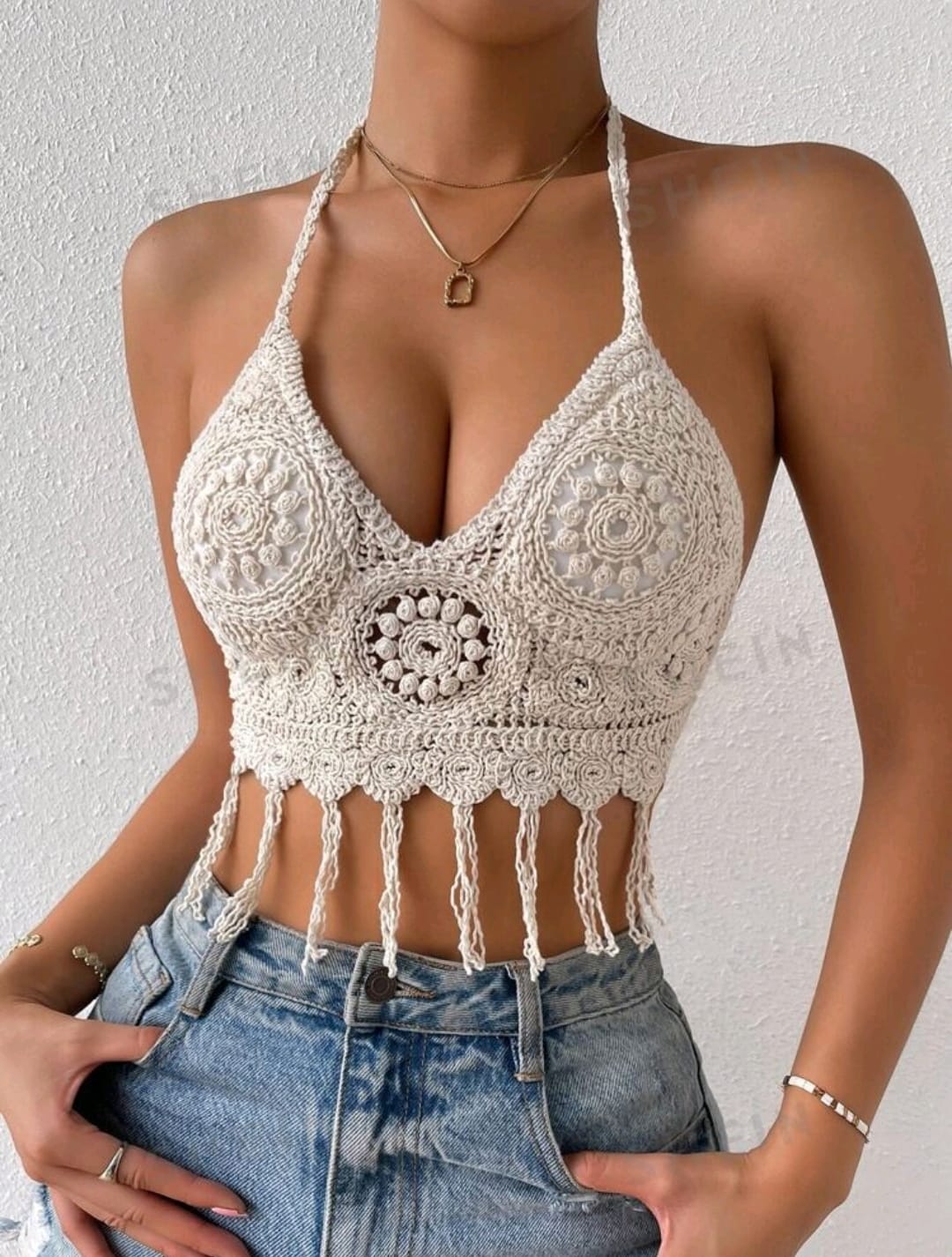 SHEIN Top con patrón floral ribete con fleco halter push up de croché