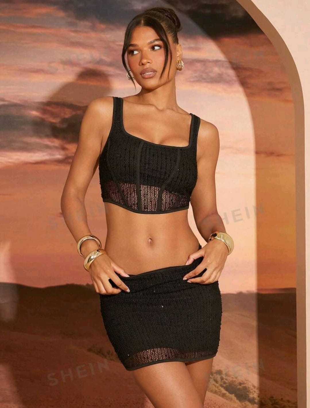Hauture Conjunto de top corset de cuello cuadrado con red de pescar y lentejuelas