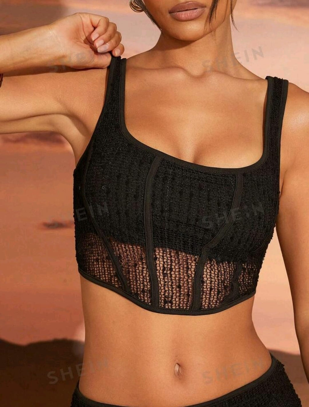 Hauture Conjunto de top corset de cuello cuadrado con red de pescar y lentejuelas
