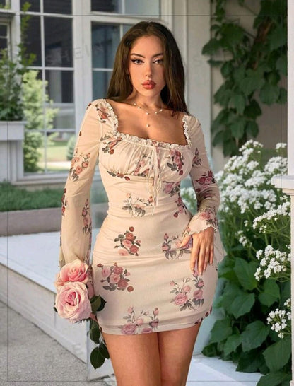 Firerie Vestido mini ajustado con volantes y estampado floral romántico y elegante