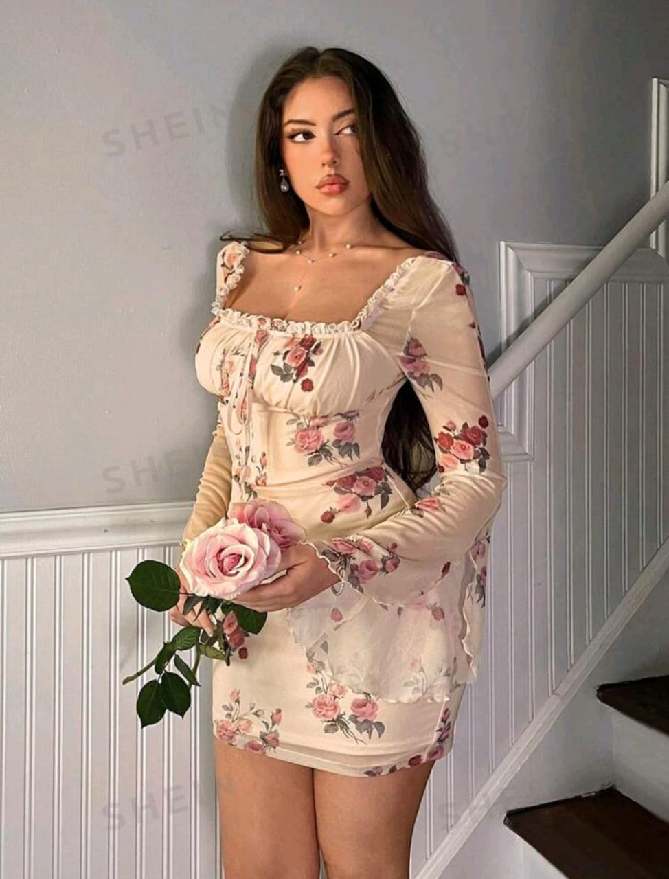 Firerie Vestido mini ajustado con volantes y estampado floral romántico y elegante