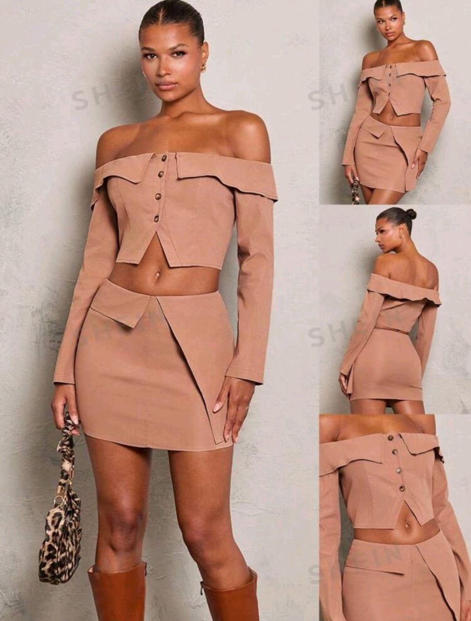 Glamine conjunto marrón texturizado y falda mini micro