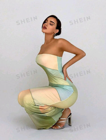 Aloruh Vestido ajustado colorido sin tirantes para mujer