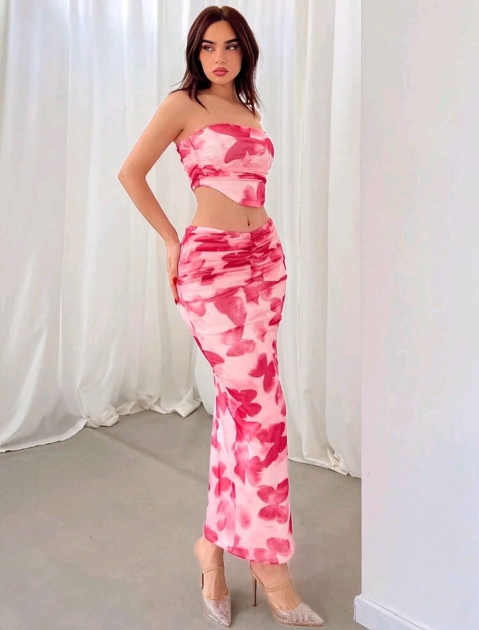 Aloruh Conjunto de top bandeau y falda de cola de pez con estampado de mariposas