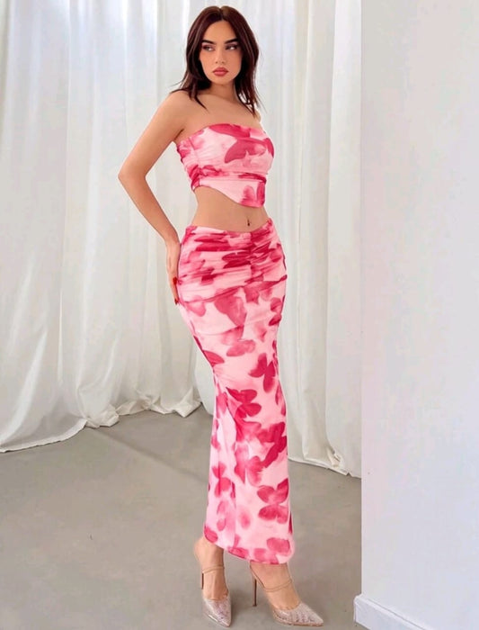 Aloruh Conjunto de top bandeau y falda de cola de pez con estampado de mariposas
