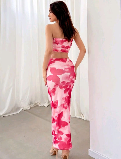 Aloruh Conjunto de top bandeau y falda de cola de pez con estampado de mariposas