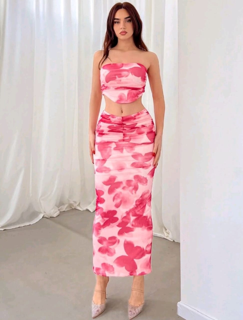 Aloruh Conjunto de top bandeau y falda de cola de pez con estampado de mariposas