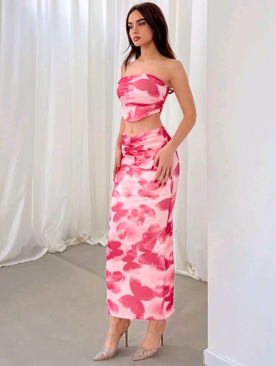 Aloruh Conjunto de top bandeau y falda de cola de pez con estampado de mariposas
