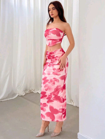 Aloruh Conjunto de top bandeau y falda de cola de pez con estampado de mariposas