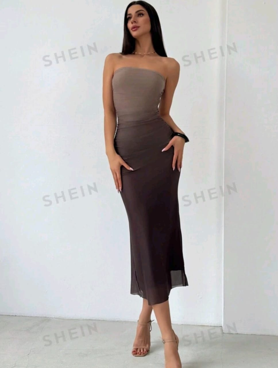 Aloruh Vestido ajustado Sin Tirantes Y De Malla Gradiente De Estilo Americano