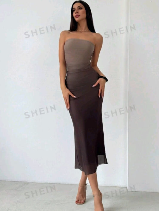 Aloruh Vestido ajustado Sin Tirantes Y De Malla Gradiente De Estilo Americano
