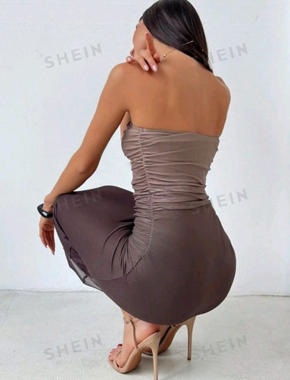 Aloruh Vestido ajustado Sin Tirantes Y De Malla Gradiente De Estilo Americano