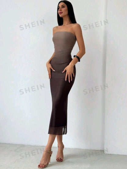 Aloruh Vestido ajustado Sin Tirantes Y De Malla Gradiente De Estilo Americano