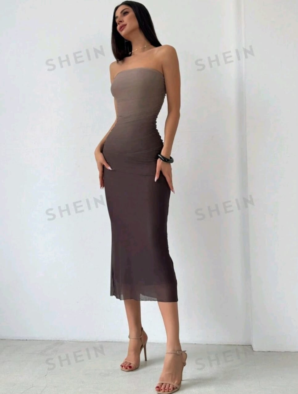 Aloruh Vestido ajustado Sin Tirantes Y De Malla Gradiente De Estilo Americano