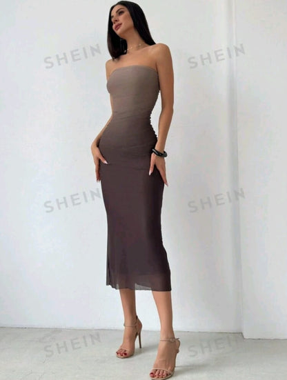 Aloruh Vestido ajustado Sin Tirantes Y De Malla Gradiente De Estilo Americano