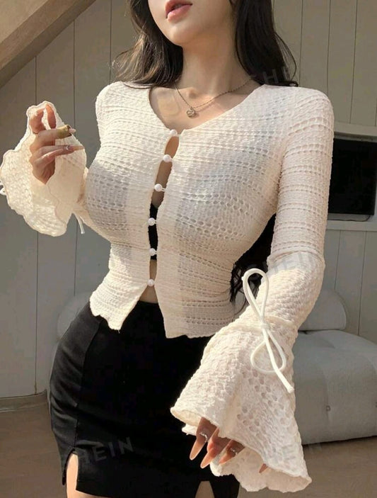 DAZY Camiseta De Manga Acampanada De Color Liso Para Mujer
