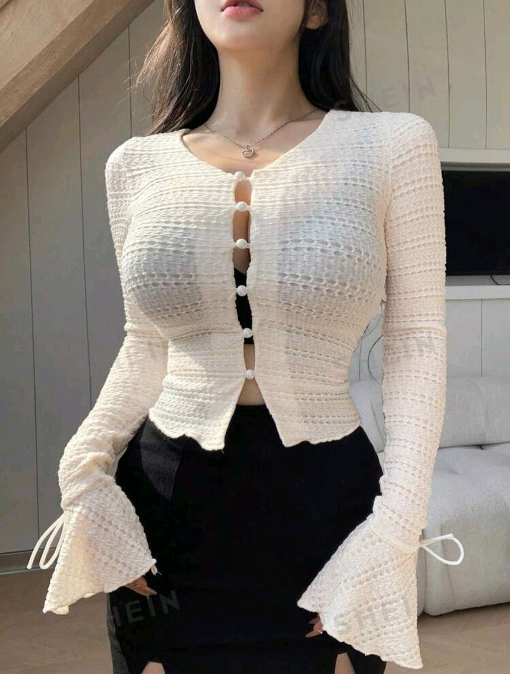 DAZY Camiseta De Manga Acampanada De Color Liso Para Mujer