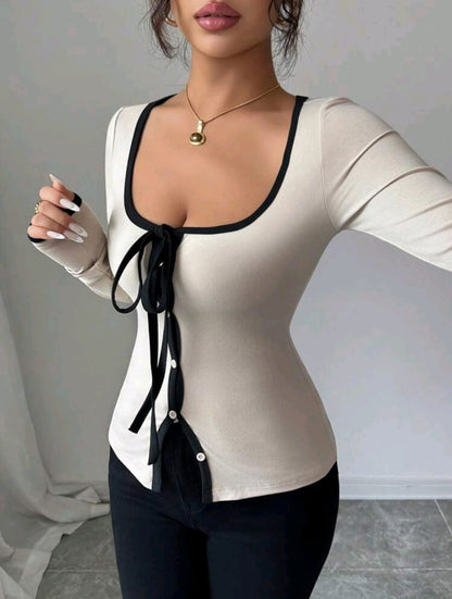 Allurite Camiseta de manga larga de mujer con recortes en contraste