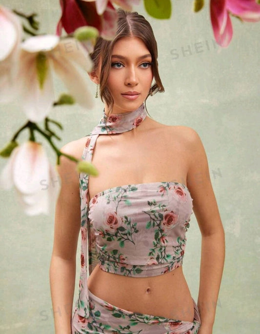 L'Amorae Dos piezas, top de malla floral y bufanda